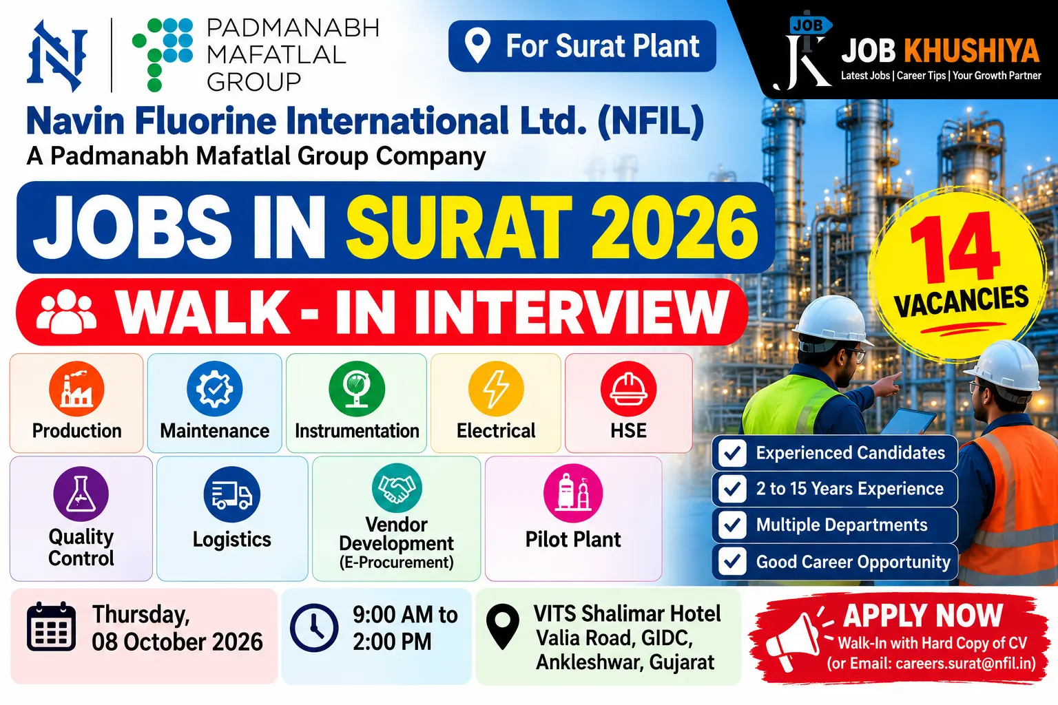 Jobs in Surat 2026: NFIL Walk-In Interview for Production, Maintenance, Instrumentation & Other Vacancies
